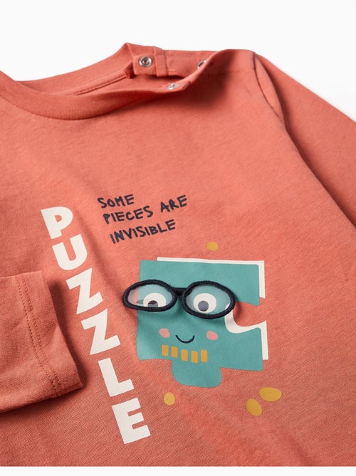 T-shirt en coton à manches longues avec imprimé Puzzle - Kiabi