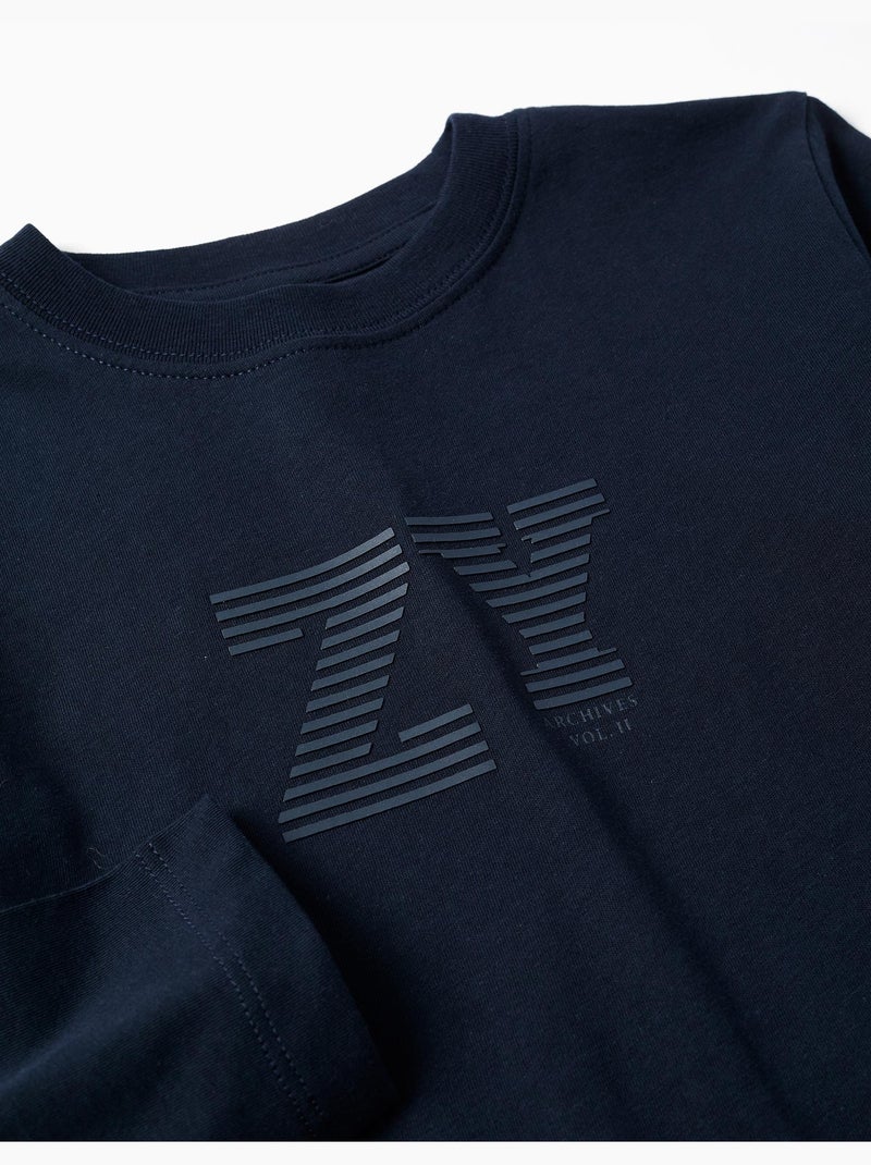 T-shirt en coton à manches longues avec imprimé ZY Bleu foncé - Kiabi