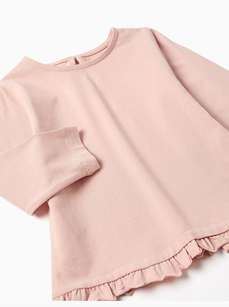 T-shirt en coton à manches longues avec ourlet volanté Rose clair - Kiabi