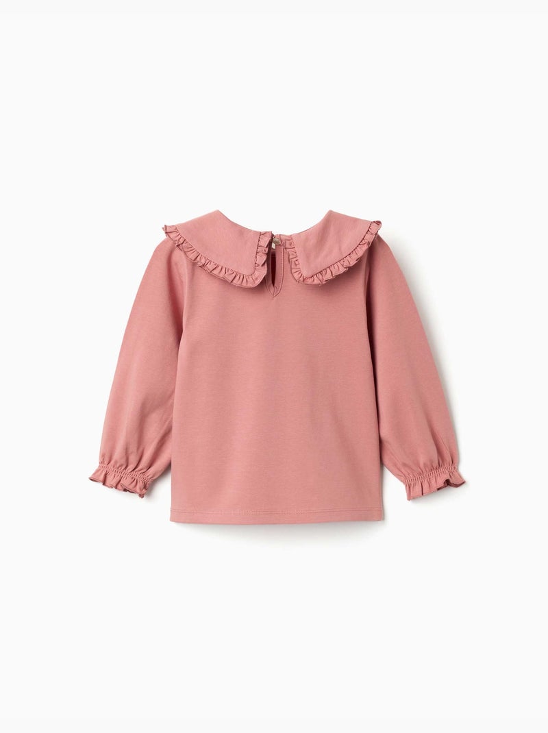 T-shirt en coton à manches longues avec volants Rose - Kiabi