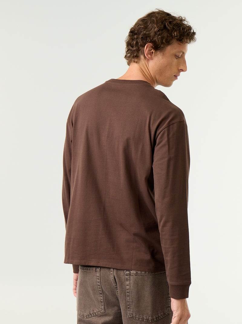 T-shirt en coton à manches longues et col rond Marron - Kiabi