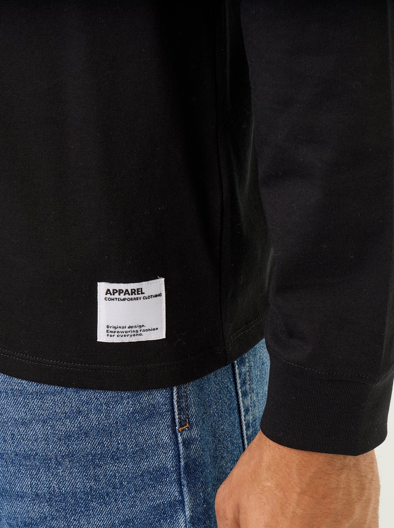 T-shirt en coton à manches longues et col rond Noir - Kiabi