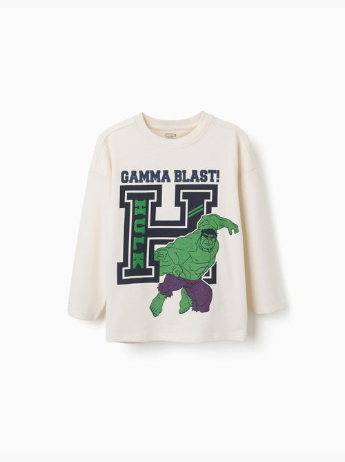 T-shirt en coton à manches longues et imprimé Hulk en relief - Kiabi