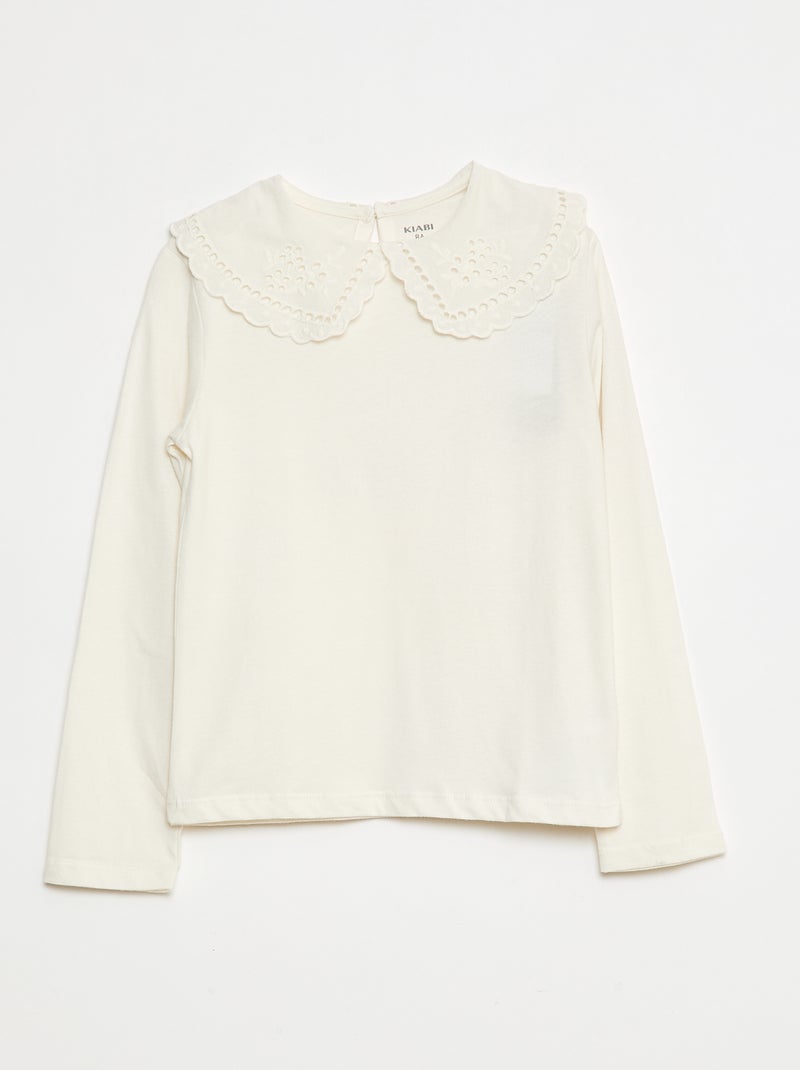 T-shirt en coton avec col brodé Blanc - Kiabi