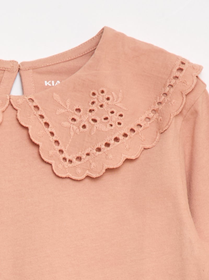 T-shirt en coton avec col brodé Rose - Kiabi