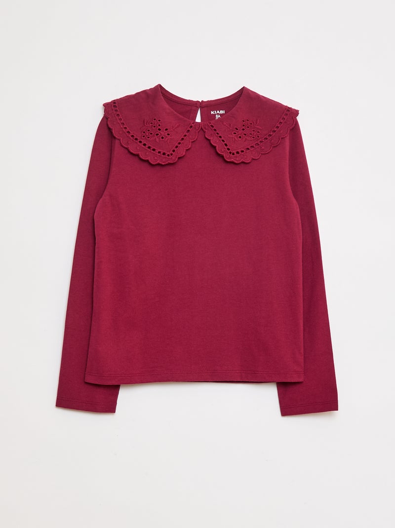 T-shirt en coton avec col brodé Rouge - Kiabi