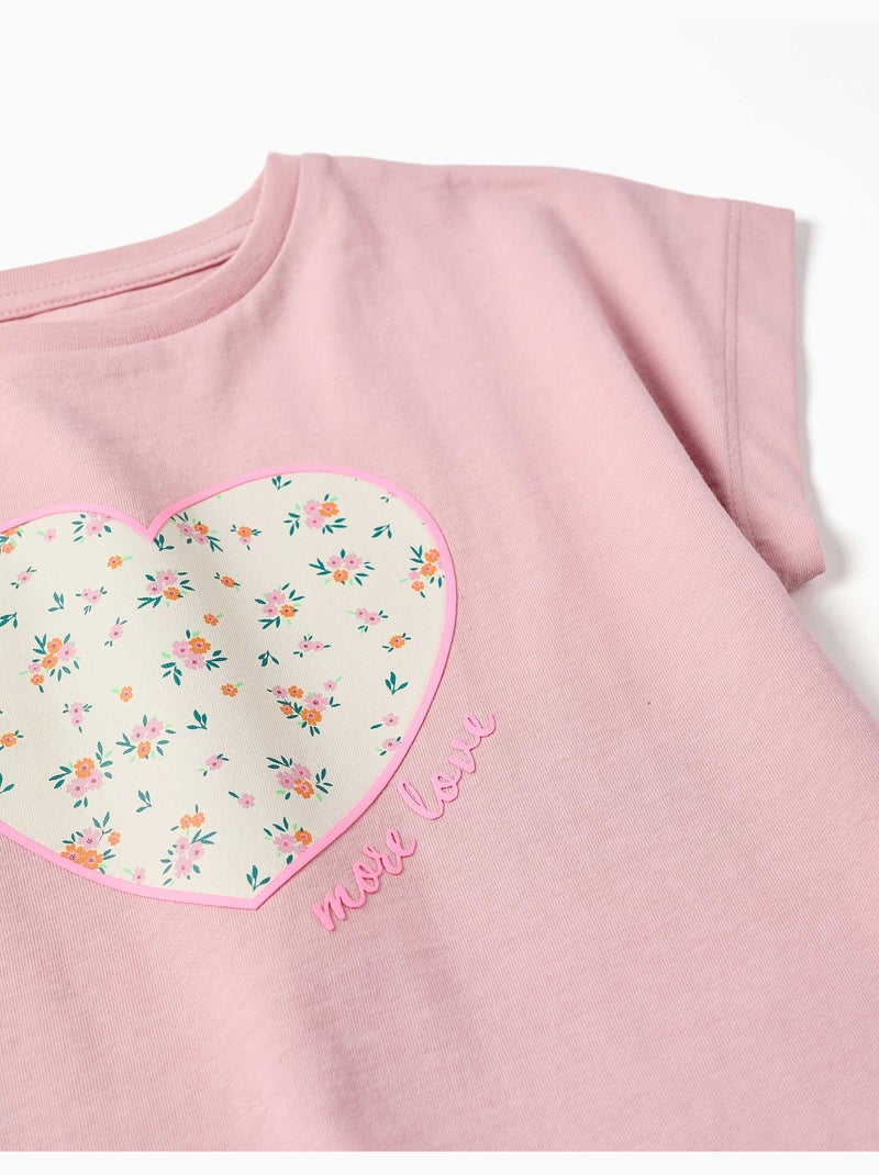 T-shirt en coton avec imprimé cœur floral Rose clair - Kiabi