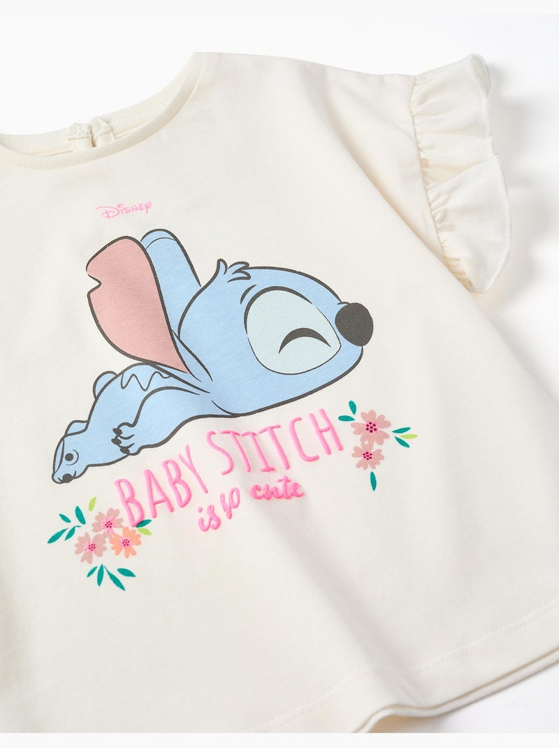 T-shirt en coton avec imprimé Stitch et volants Beige clair - Kiabi