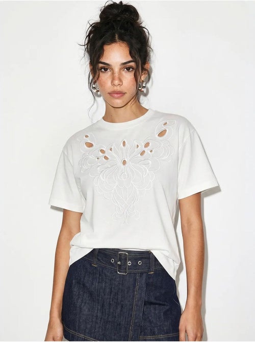 T-shirt en coton brodé à col rond lucci - Kiabi