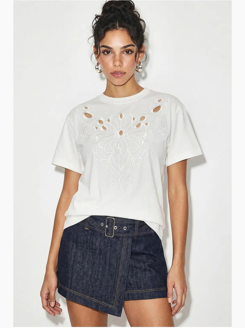 T-shirt en coton brodé à col rond lucci Blanc - Kiabi