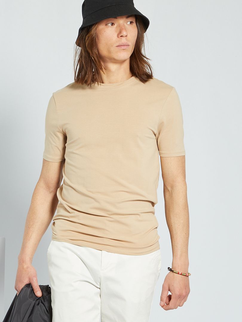 T-shirt en coton col rond - Muscle fit beige - Kiabi