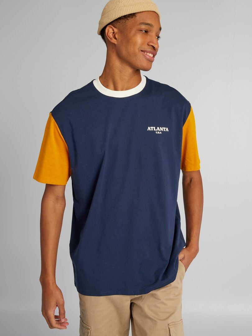 T-shirt en coton color-block à col rond + d'1m90 Bleu marine/jaune - Kiabi