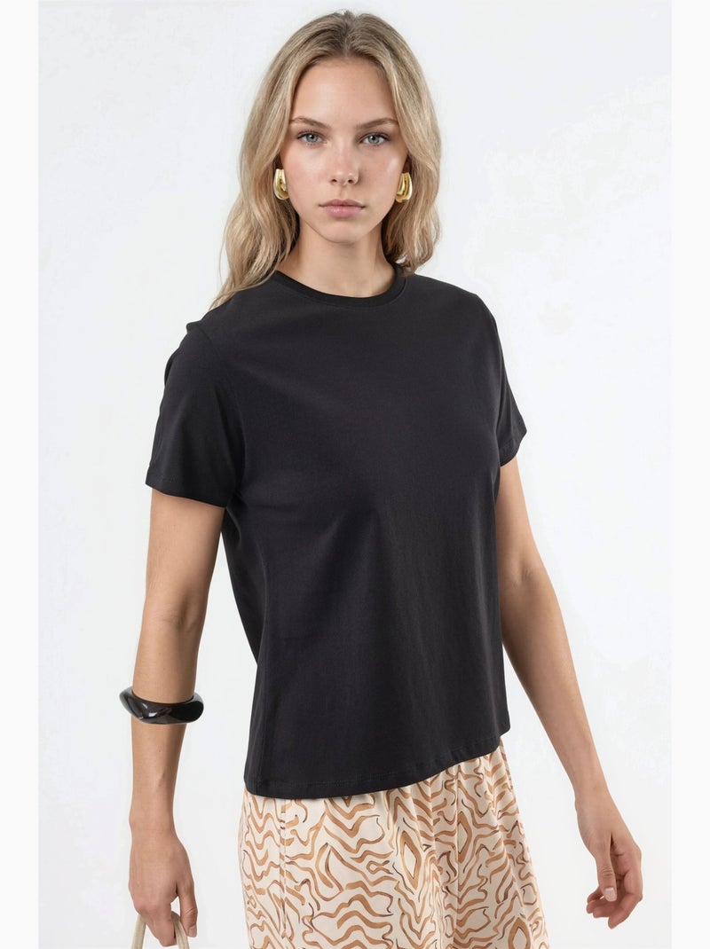 T-shirt en coton uni à col rond busem Noir - Kiabi