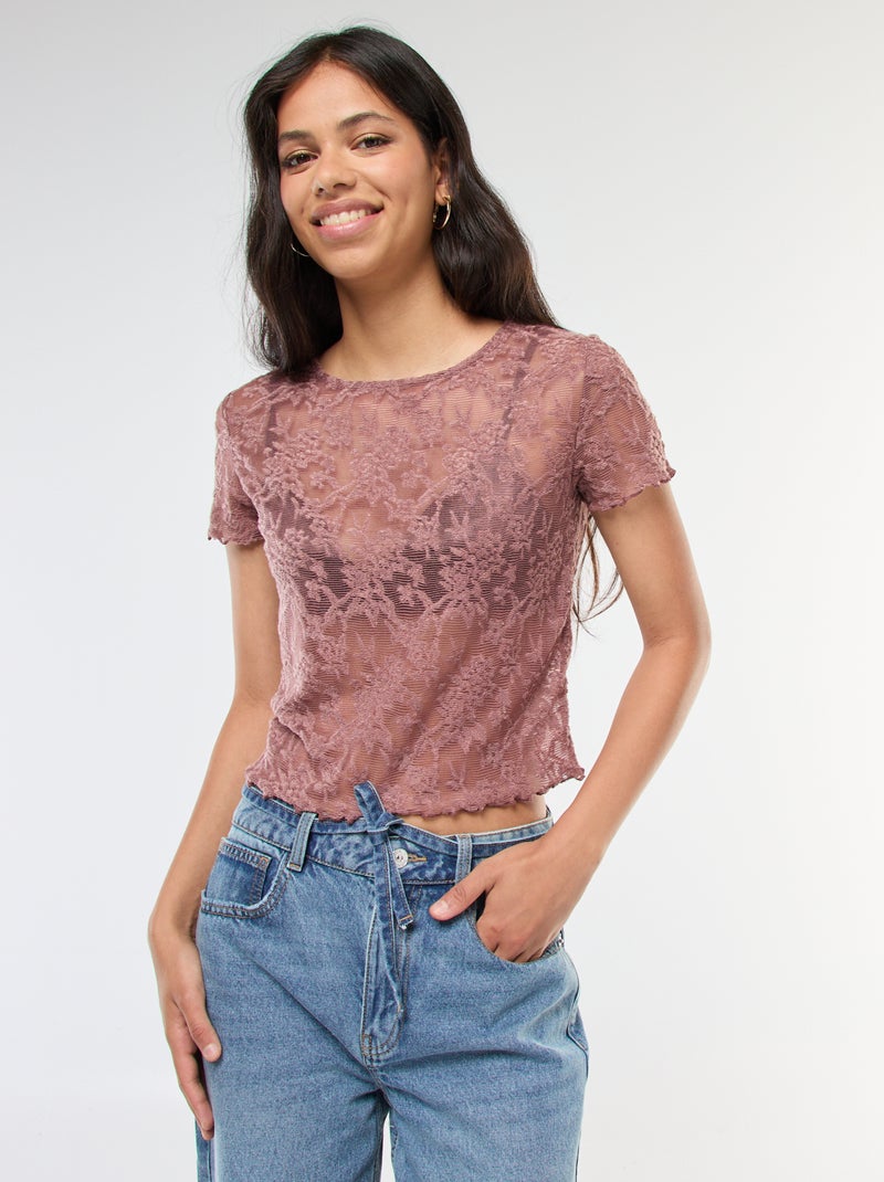 T-shirt en dentelle à manches courtes Marron - Kiabi
