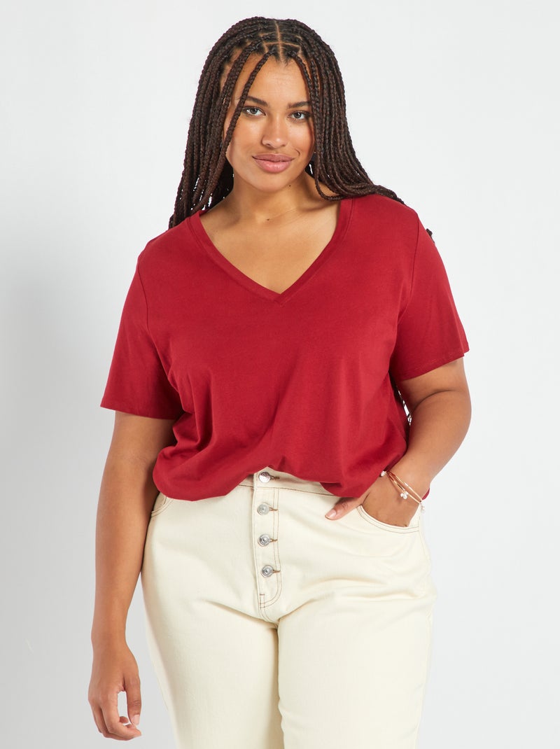 T-shirt en jersey à col V Rouge - Kiabi