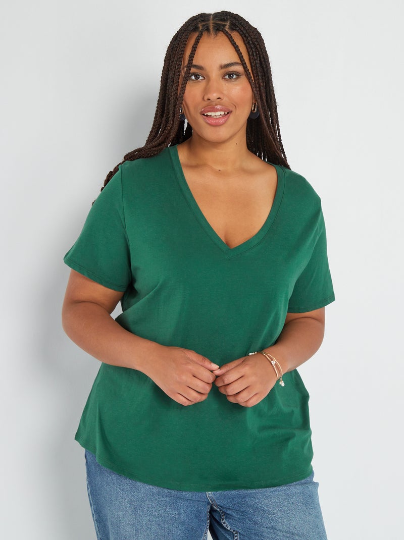 T-shirt en jersey à col V Vert - Kiabi