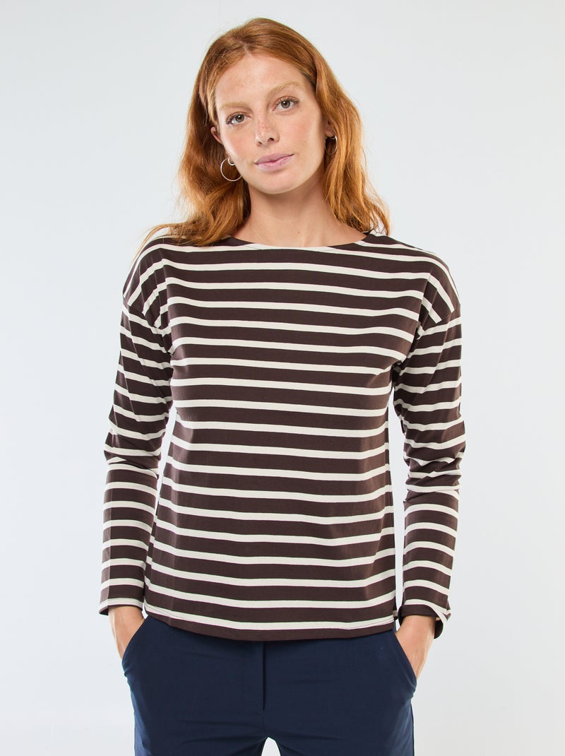 T-shirt en jersey à manches longues à motif rayé Marron - Kiabi