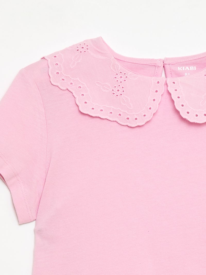 T-shirt en jersey avec col Claudine avec broderies anglaises Rose - Kiabi