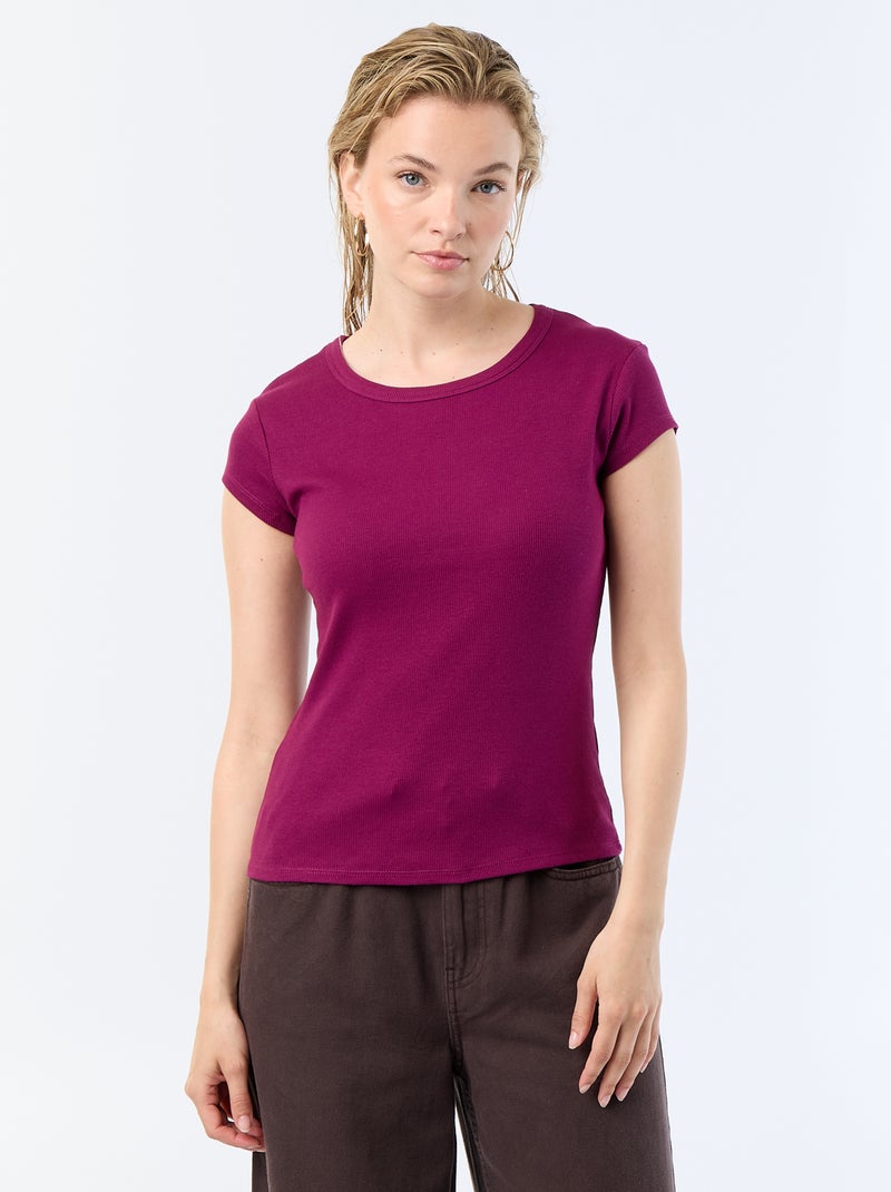 T-shirt en jersey manches courtes côtelé Violet - Kiabi