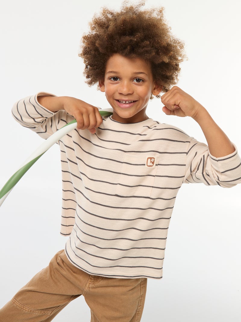T-shirt en maille à rayures Beige - Kiabi