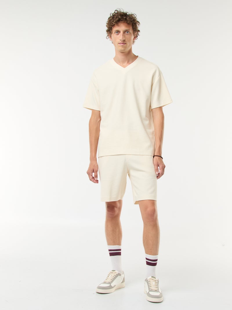 T-shirt en maille col V Beige - Kiabi