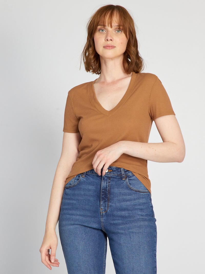 T-shirt en maille côtelée Beige - Kiabi