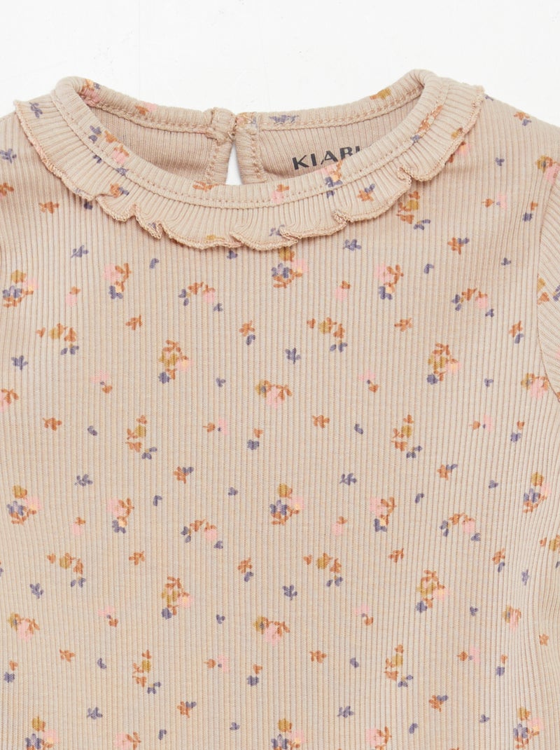 T-shirt en maille côtelée col volanté Beige fleur - Kiabi