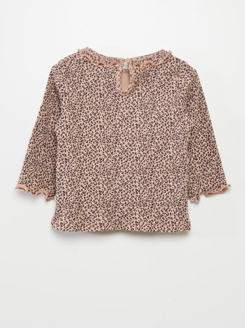 T-shirt en maille côtelée col volanté Beige - Kiabi