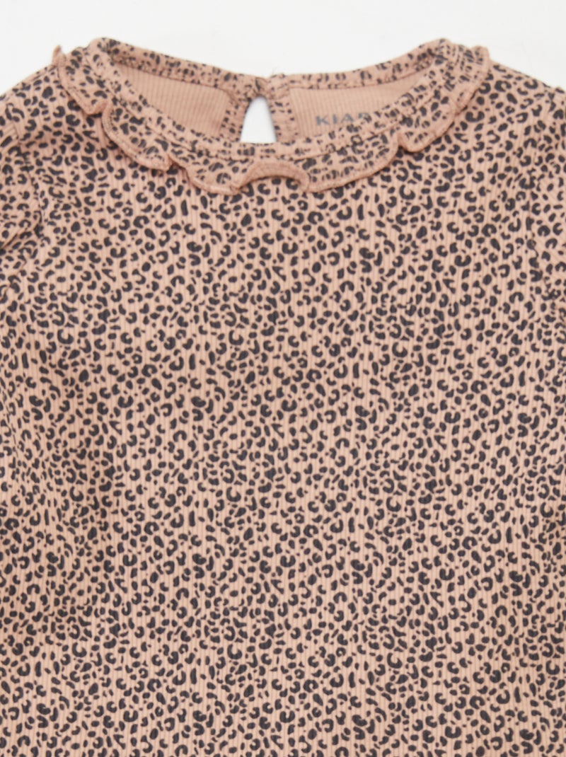 T-shirt en maille côtelée col volanté Beige - Kiabi