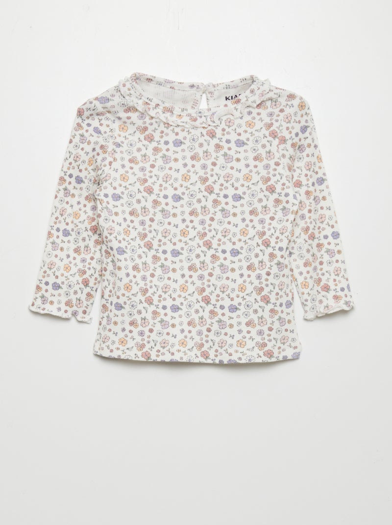 T-shirt en maille côtelée col volanté Blanc fleuri - Kiabi