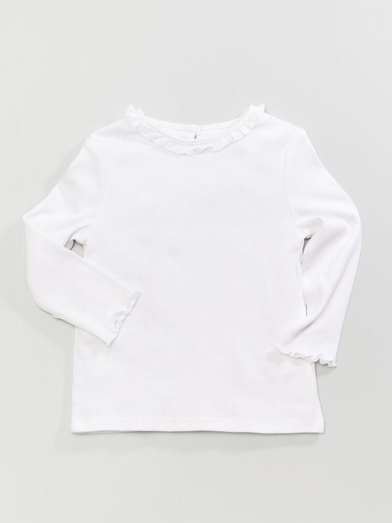 T-shirt en maille côtelée col volanté blanc - Kiabi