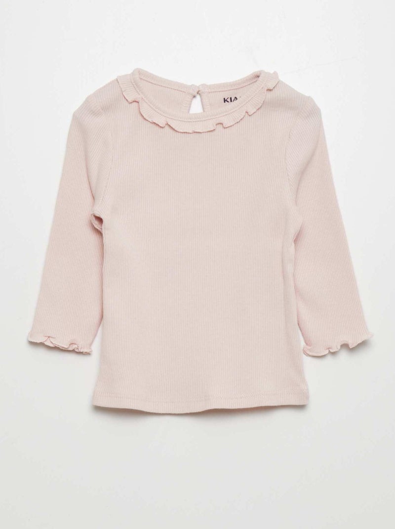 T-shirt en maille côtelée col volanté Rose - Kiabi