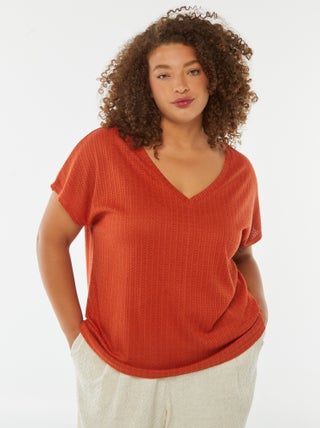T-shirt en maille gaufrée et ajourée à manches courtes