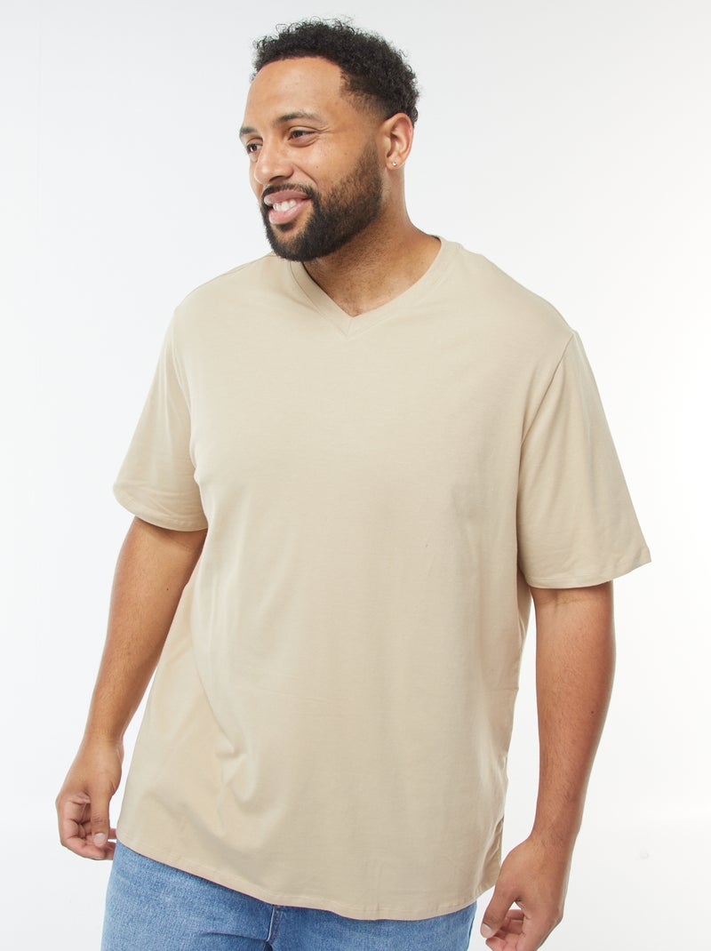 T-shirt en maille jersey manches courtes et col V Beige - Kiabi