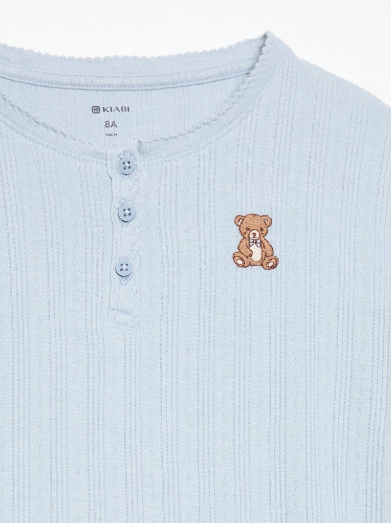 T-shirt en maille pointelle à manches longues Bleu - Kiabi