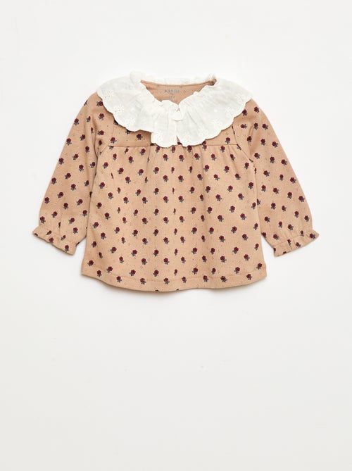 T-shirt en maille pointelle avec col brodé - Kiabi
