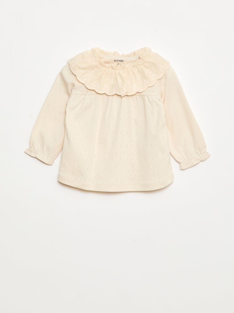 T-shirt en maille pointelle avec col brodé Blanc - Kiabi