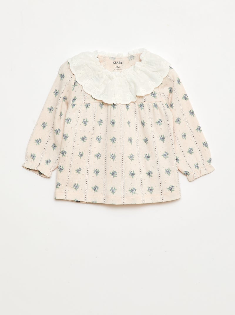 T-shirt en maille pointelle avec col brodé Rose - Kiabi