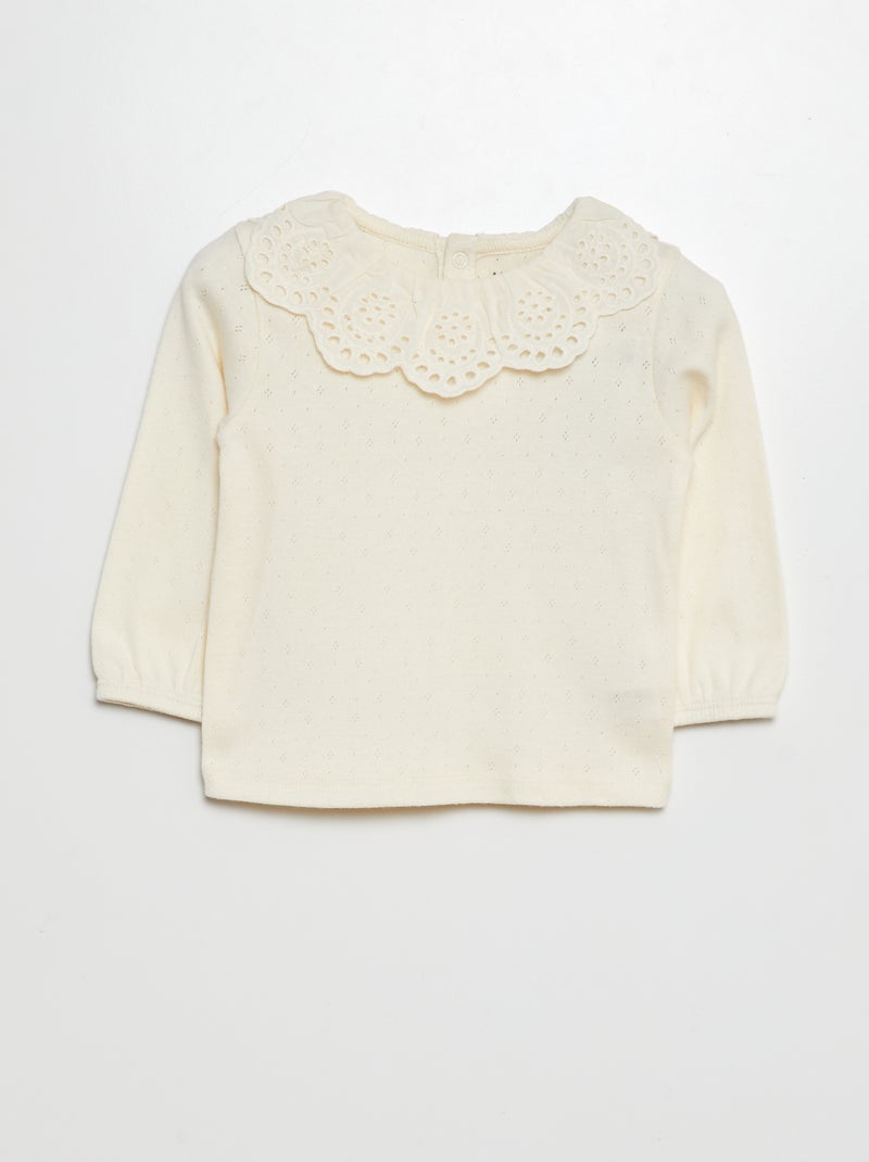 T-shirt en maille pointelle col claudine en broderie anglaise Blanc - Kiabi