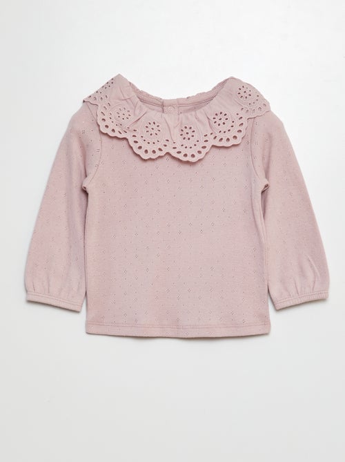 T-shirt en maille pointelle col claudine en broderie anglaise - Kiabi