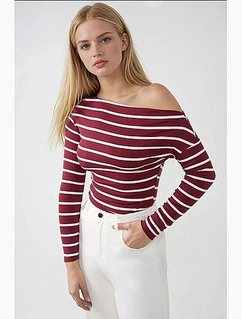T-shirt épaules dénudées rayé côtelé manches longues hiccup