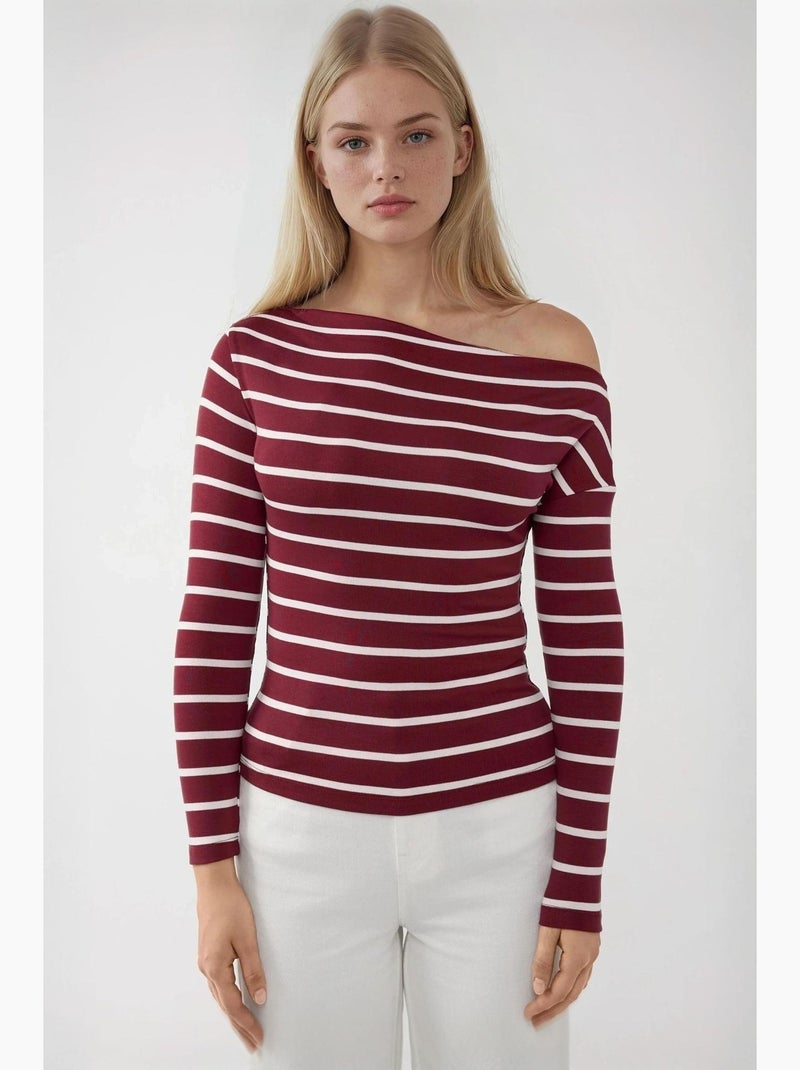 T-shirt épaules dénudées rayé côtelé manches longues hiccup Rouge bordeaux - Kiabi