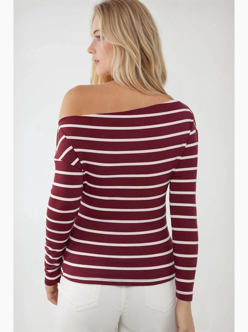 T-shirt épaules dénudées rayé côtelé manches longues hiccup Rouge bordeaux - Kiabi