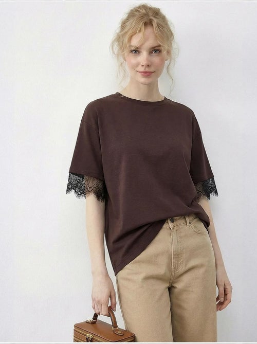 T-shirt femme à dentelle et col rond lucci - Kiabi
