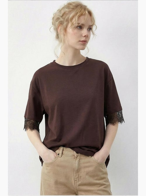 T-shirt femme à dentelle et col rond lucci - Kiabi