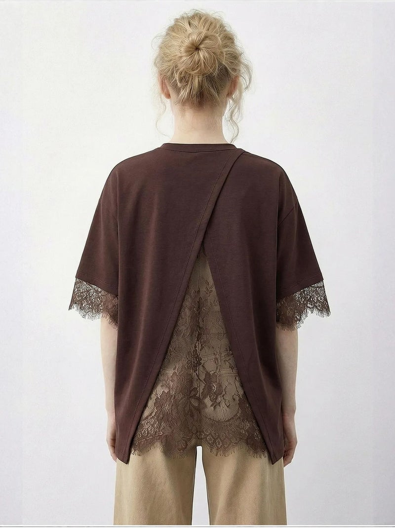 T-shirt femme à dentelle et col rond lucci Marron chocolat - Kiabi