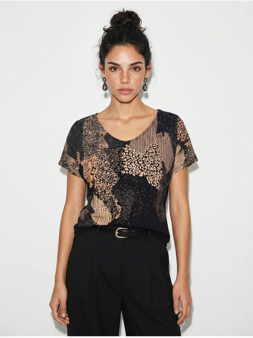 T-shirt femme à imprimé abstrait et col v lucci - Kiabi