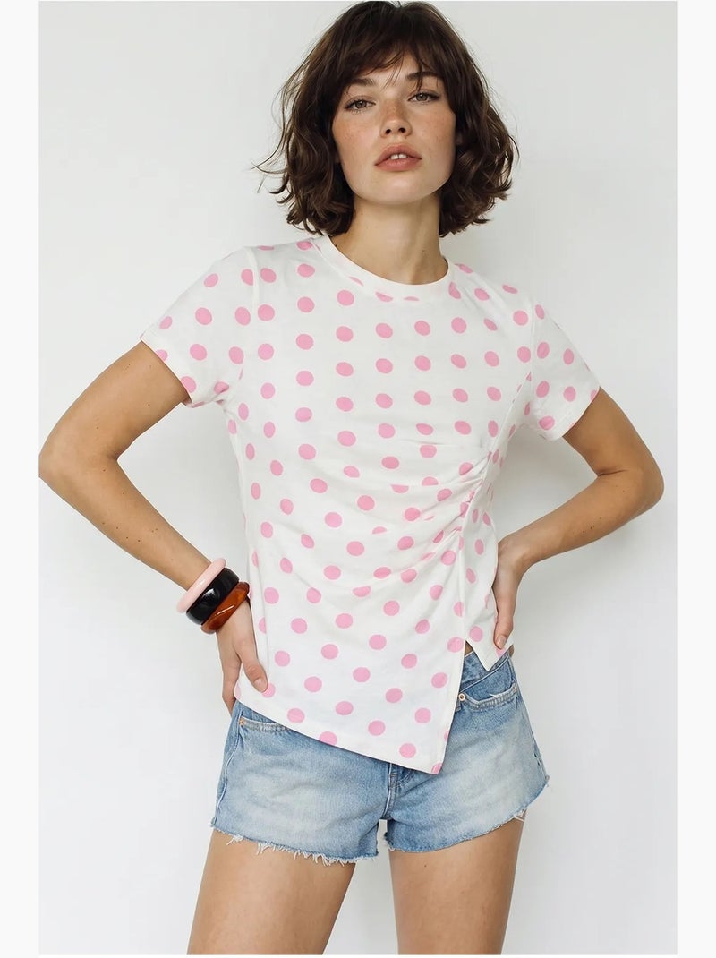 T-shirt femme ajusté à pois, col rond lucci Rose pâle - Kiabi