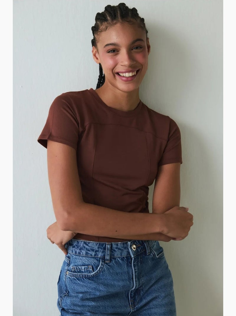T-shirt femme col rond coupe slim en modal penti Marron - Kiabi