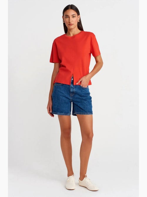 T-shirt femme en coton à col rond avec fente dilvin - Kiabi